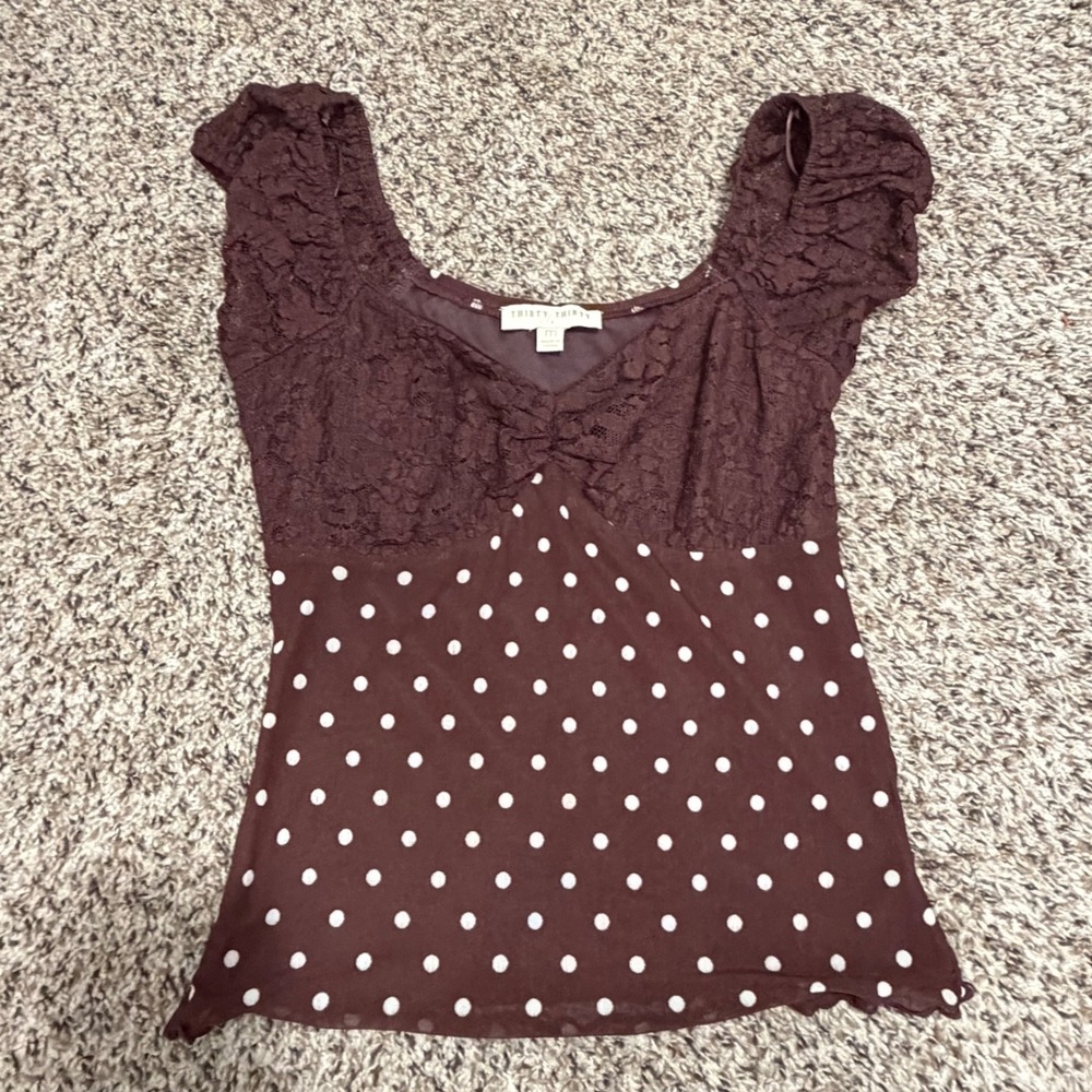 Thirty Thirty LA Brown Polka Dot Lace Mesh Cap Sleeve Top Sweetheart Neck M